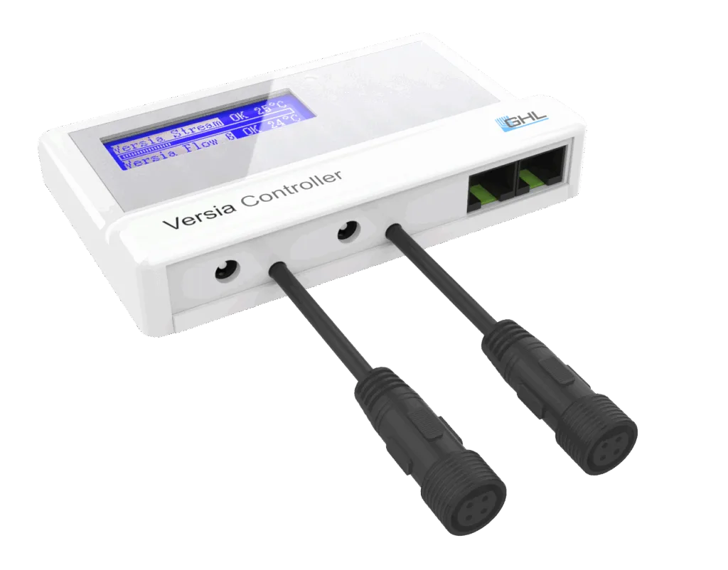 The Versia®-Controller connects ProfiLux® aquarium computers to Versia® Flow and Stream pumps, allowing seamless control and monitoring through the GHL ecosystem. It supports up to two pumps, automatically detecting and reporting their status. Users can manage pump speeds and implement complex flow programs via the GHL Connect App or GHL Control Center software.