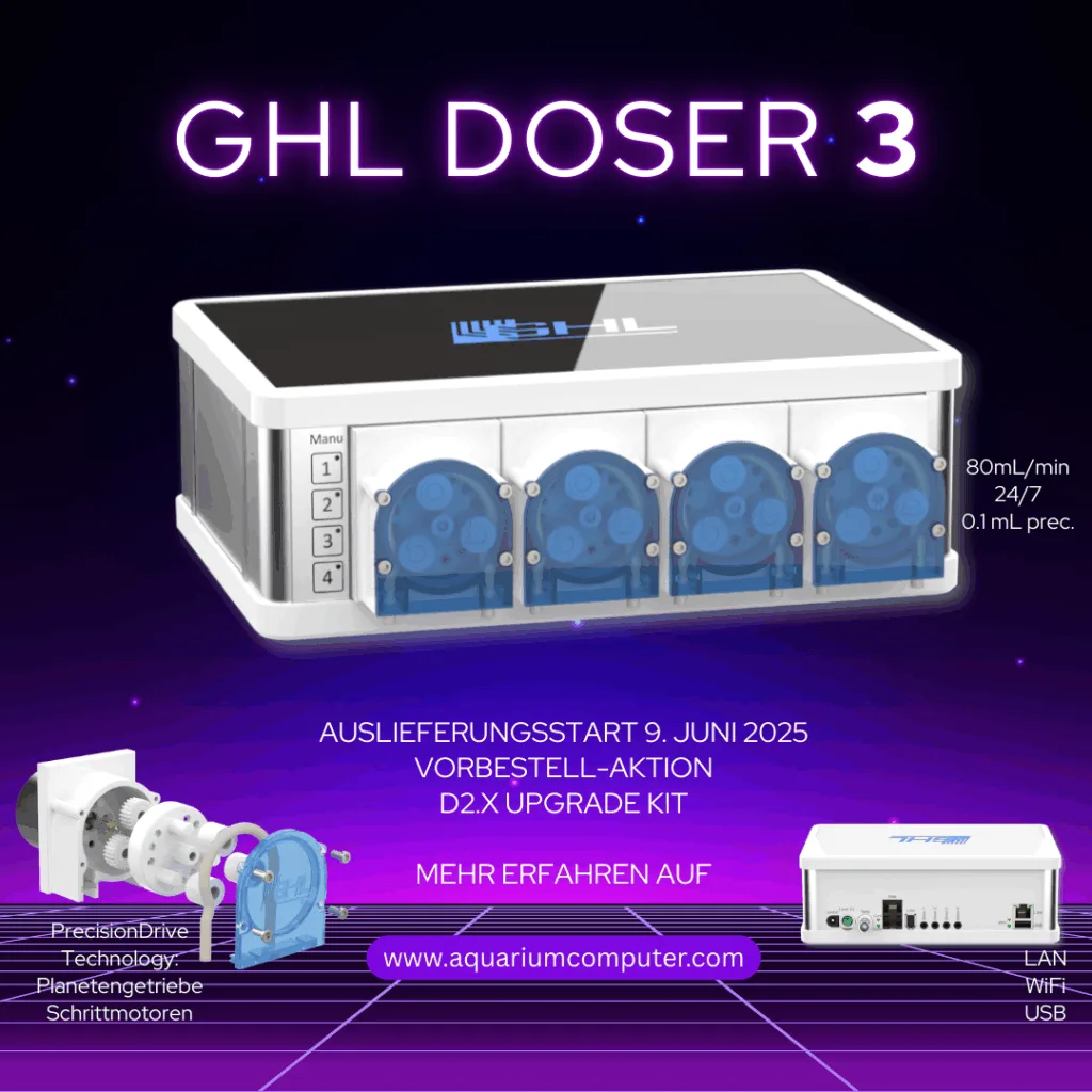 Der GHL Doser 3 bietet modernste Dosiertechnologie mit hochpräzisem Planetengetriebe und leistungsstarken 24 V-Schrittmotoren. Dank LAN, WLAN und USB sowie drahtlosen OTA-Firmwareupdates lässt sich das Gerät komfortabel bedienen und auf dem neuesten Stand halten. Erhältlich als Standalone- und Extension-Modell und nahtlos integrierbar in ProfiLux-Systeme für eine flexible Erweiterung. Versand ab dem 9. Juni – mit attraktiven Vorbesteller-Vorteilen.