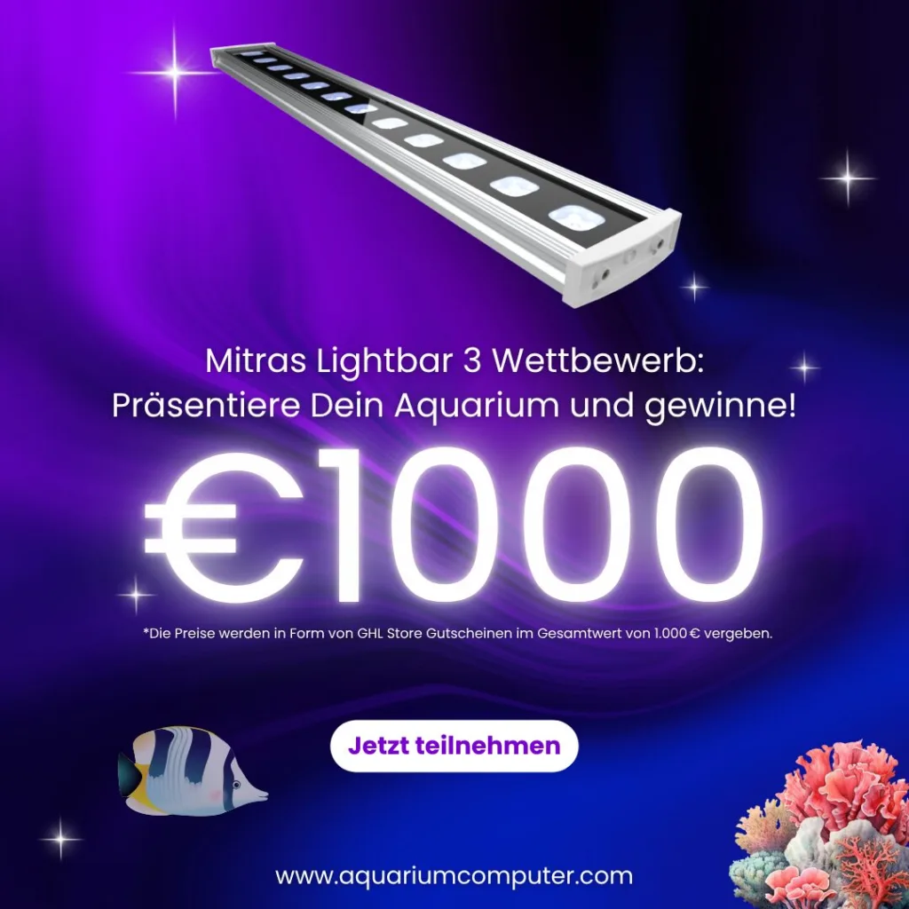 Die Mitras Lightbar 3 sorgt dank fortschrittlicher LED-Technologie für beeindruckende Aquarienbeleuchtung – ideal für Meerwasser- und Süßwasserbecken. Wer sein Aquarium mit der Lightbar zeigt, kann am Wettbewerb teilnehmen und über Instagram, Facebook oder die GHL-Website GHL-Shop-Gutscheine im Gesamtwert von 1.000 € gewinnen.