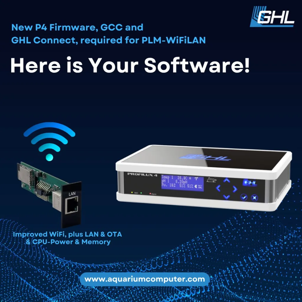 The PLM-WiFiLAN expansion card enhances ProfiLux 4/4e controllers with improved WiFi performance and a LAN port, enabling firmware updates via WiFi or Ethernet through the GHL app. This upgrade offers faster communication, a more stable WiFi signal, and increased memory and processing power, facilitating future enhancements and features for advanced aquarium management.