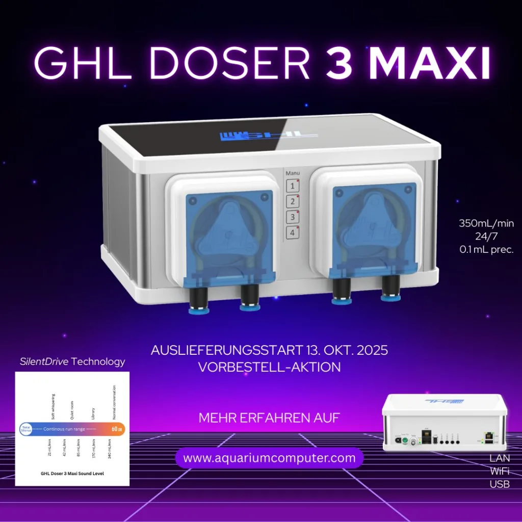 Der GHL Doser 3 Maxi ist die Lösung für Automatische Wasserwechsel (AWC), Füllstandautomatik (ATO) und andere großvolumige Aufgaben. Präzise Steuerung mit bis zu 350 mL/min je Pumpe und bis zu 250 Dosierungen pro Tag. Konnektivität über LAN, Wi-Fi und USB – bedienbar via GHL Connect App oder integriertem Webinterface.