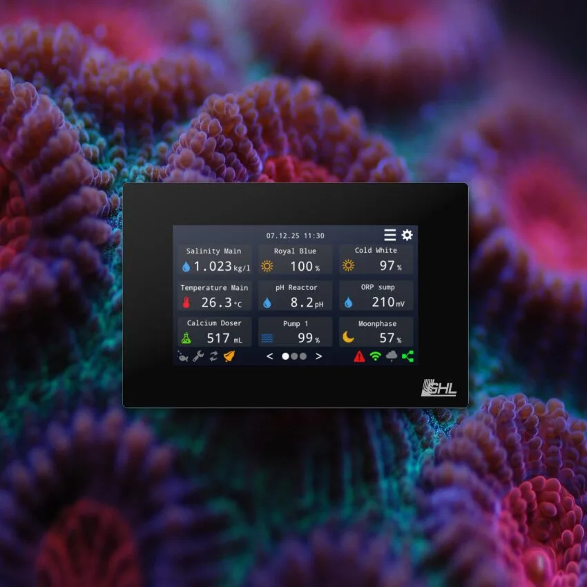 The GHL Control Pad is a compact, always-on touchscreen display designed for seamless integration with the ProfiLux 4(e) system. Featuring a 4.3-inch capacitive touchscreen, it provides real-time access to key aquarium metrics and controls. Users can manually adjust lighting, power sockets, and initiate actions like water changes, all without needing a smart device or app.