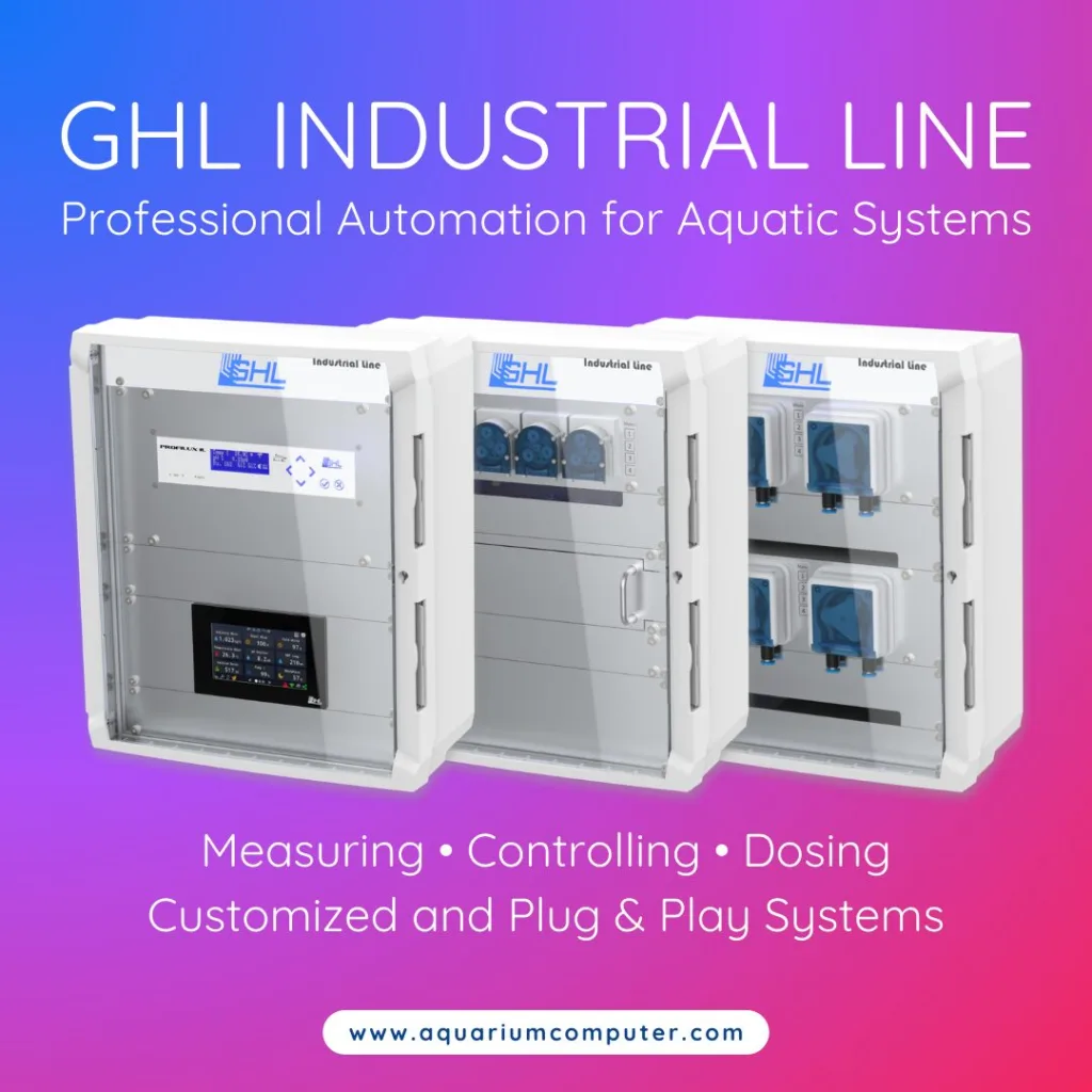 The GHL Industrial Line provides a modular automation platform for aquariums, aquaculture, and research facilities. It integrates advanced control, high-precision monitoring, reliable dosing, and intelligent power management with full cloud connectivity. The system supports structured professional installations, offering flexibility and scalability through plug-and-play configurations and custom setups, ensuring efficient and precise environmental management.
