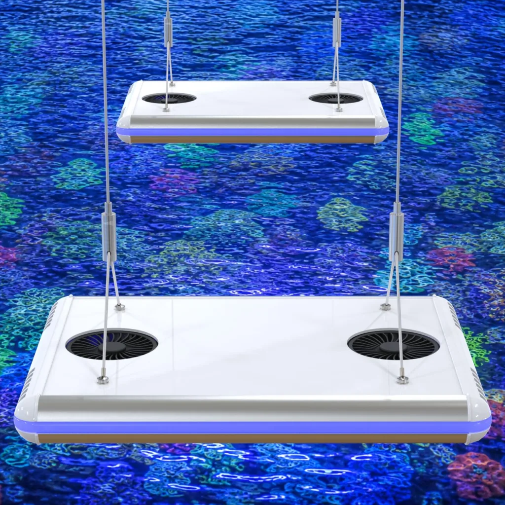 The next generation of Mitras LX — 250 W power in a slim body, 12 individually dimmable channels, 132 LEDs. Genuinely flicker-free analog dimming. Three models: Freshwater, Marine, Coral Pop. Full connectivity: WiFi, USB, dedicated inter-Mitras radio, app, cloud, web interface, software.