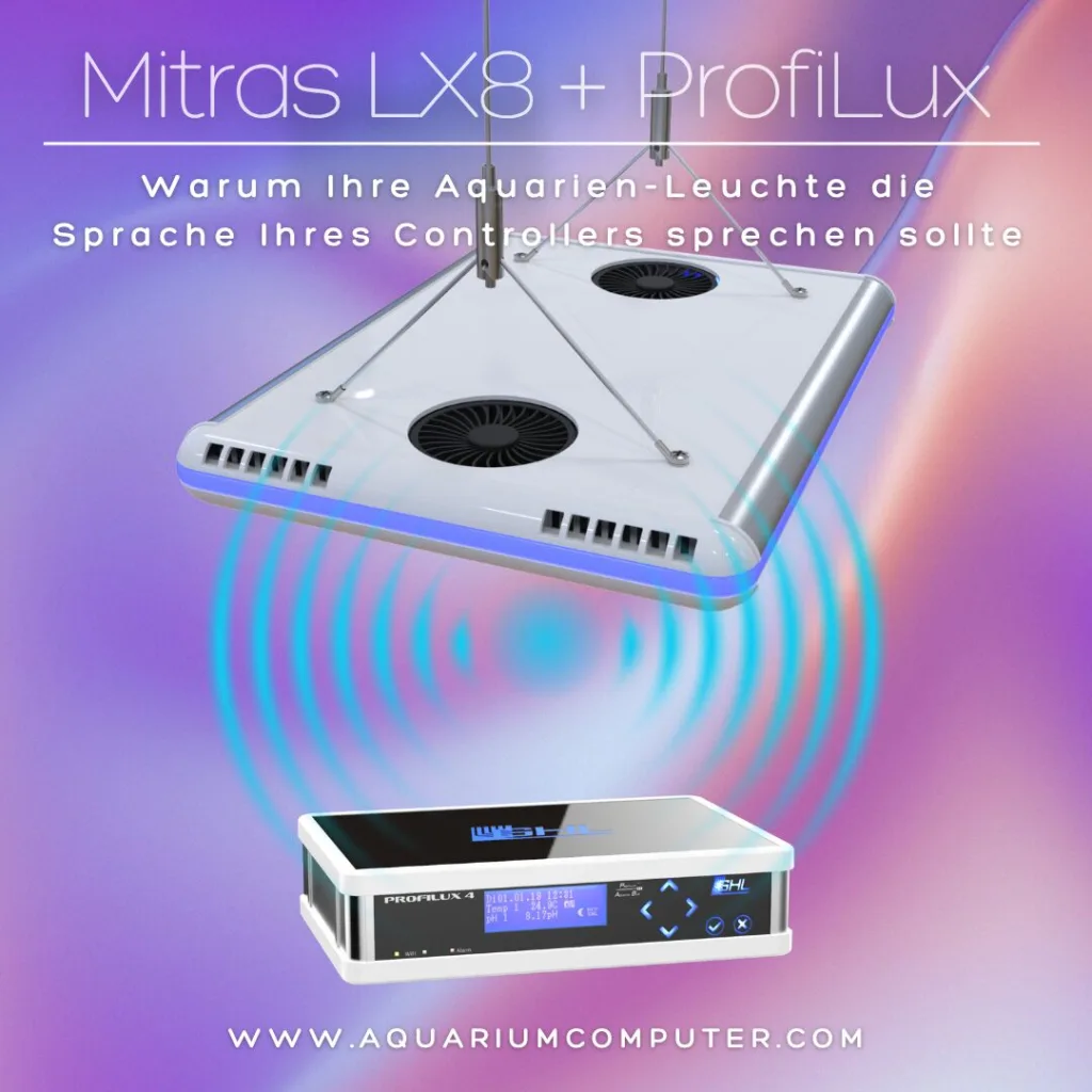 Der Aquariencontroller ProfiLux und die LED-Leuchte Mitras LX8 bilden ein vollständig integriertes System mit digitaler, drahtloser Kommunikation. Der ProfiLux verwaltet alle Aquarienfunktionen – einschließlich Beleuchtung, Pumpen und Dosierung – über eine Oberfläche und sendet synchronisierte Beleuchtungsprogramme und Statusdaten an jede Mitras LX8. Warnungen erscheinen über den Ambient Glow der Leuchte und ermöglichen eine nahtlose Abstimmung ohne separate Apps oder Bedienelemente.