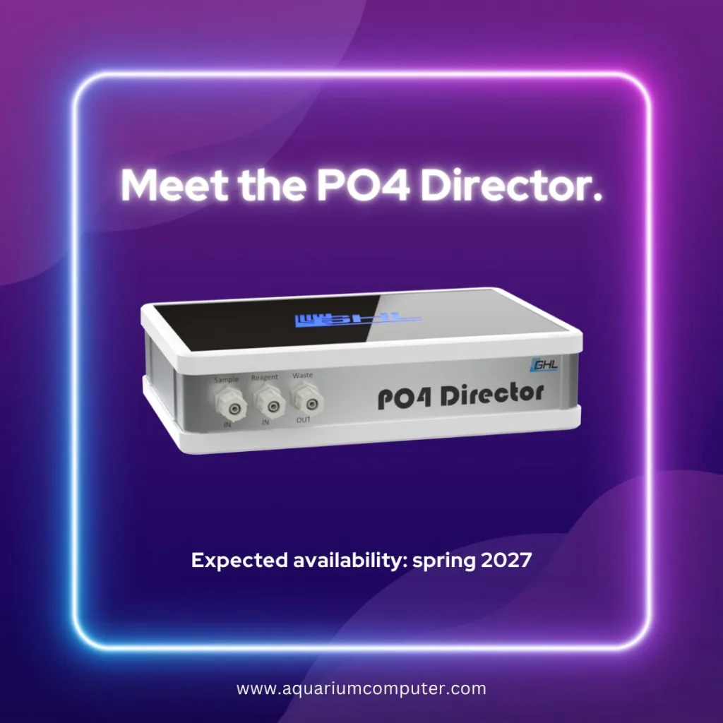 The PO4 Director extends the ION Director to automate phosphate measurement in reef aquariums. It connects to the ION Director's AUX port, shares its sample line and uses the free pump of its doser, with fully automatic calibration using the existing reference liquids. Expected in spring 2027: accurate phosphate monitoring with only one reagent and low operating cost, without additional dosing hardware.